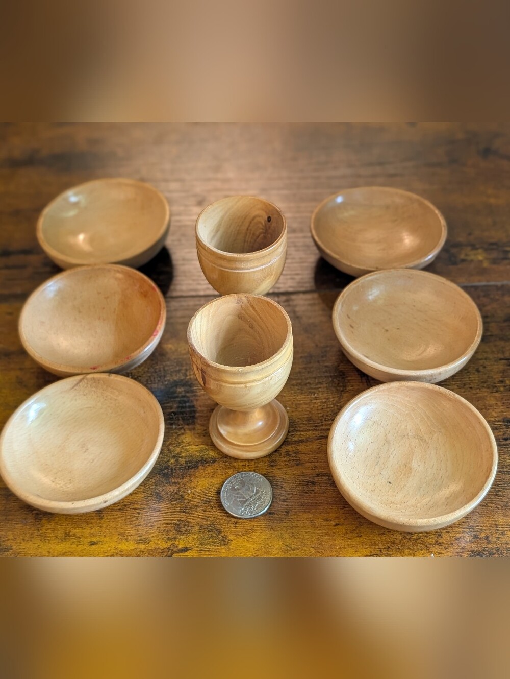 Vintage Japan Wood Mini Bowls Goblets Set Rustic Turned Wooden Table Decor Play